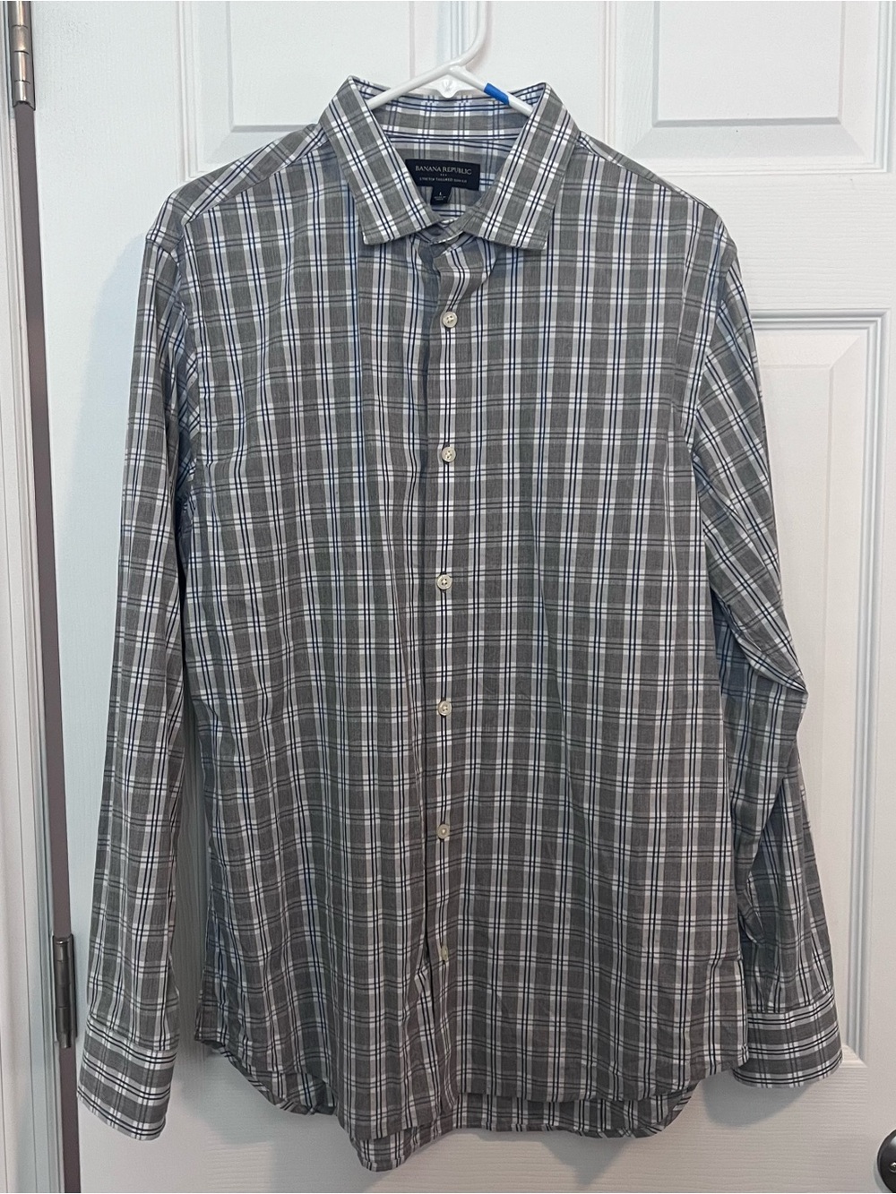 Banana Republic Men Large L Stretch Tailored Slim Fit Button Up Shirt Gray Blue